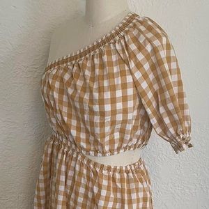 gingham honey mustard asymmetrical midi dress from Who What Wear